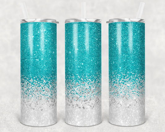 20 oz Skinny Tumbler Sublimation Design Template Glitter Confetti Teal White Straight and Warped Design