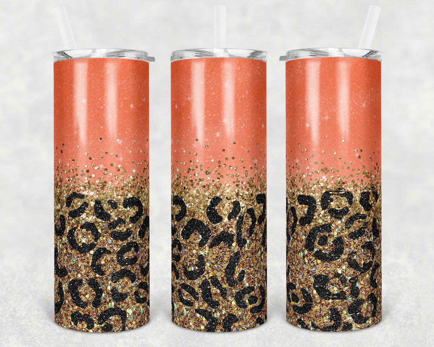 20 oz Skinny Tumbler Sublimation Design Template Glitter Gold Coral Leopard Straight and Warped Design