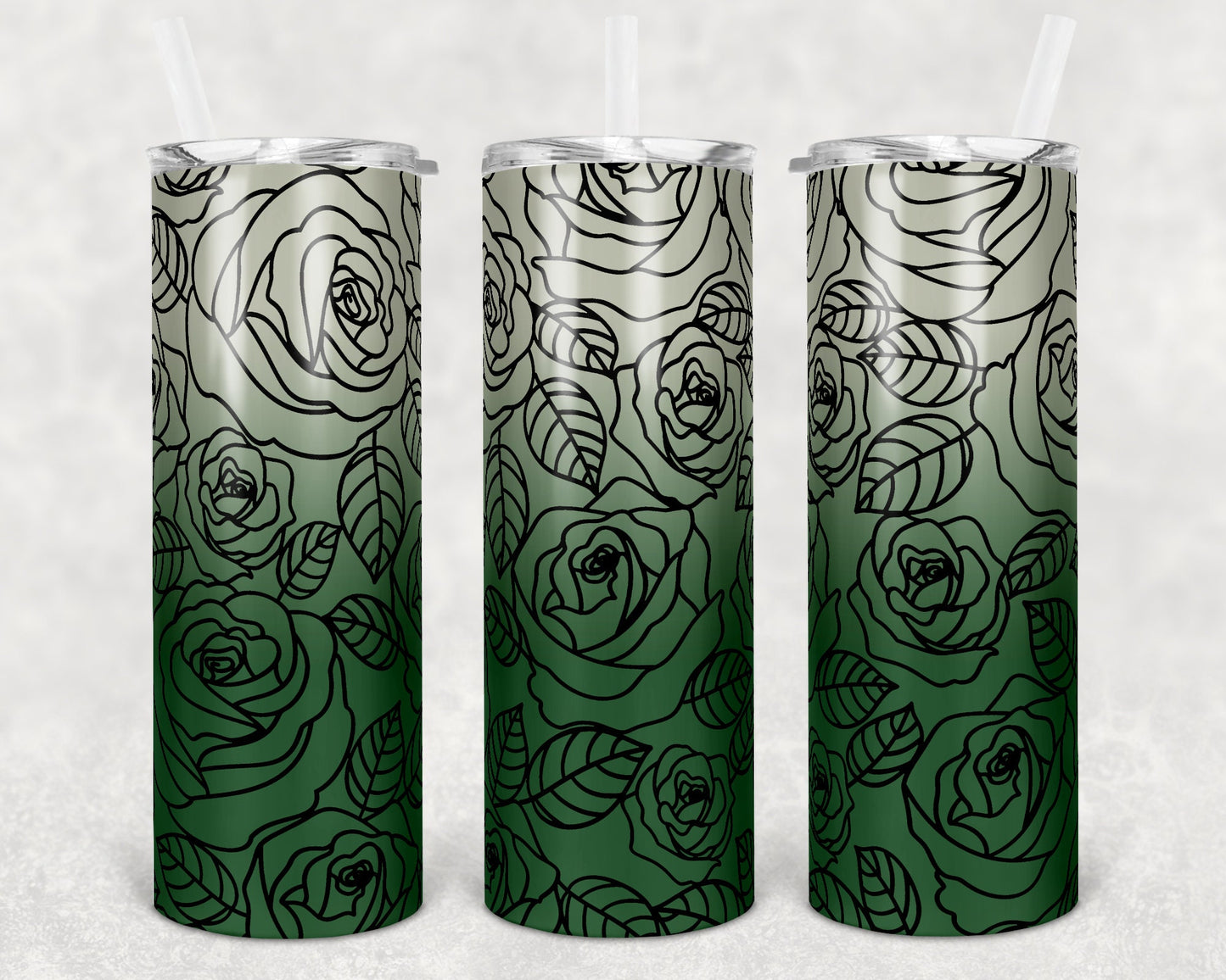 20 oz Skinny Tumbler Sublimation Ombre Green Tan Rose Straight and Warped Design