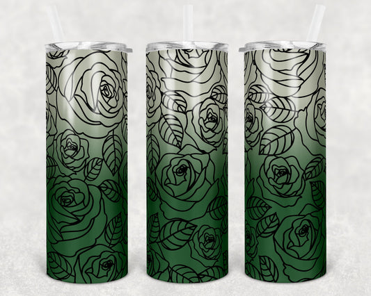20 oz Skinny Tumbler Sublimation Ombre Green Tan Rose Straight and Warped Design