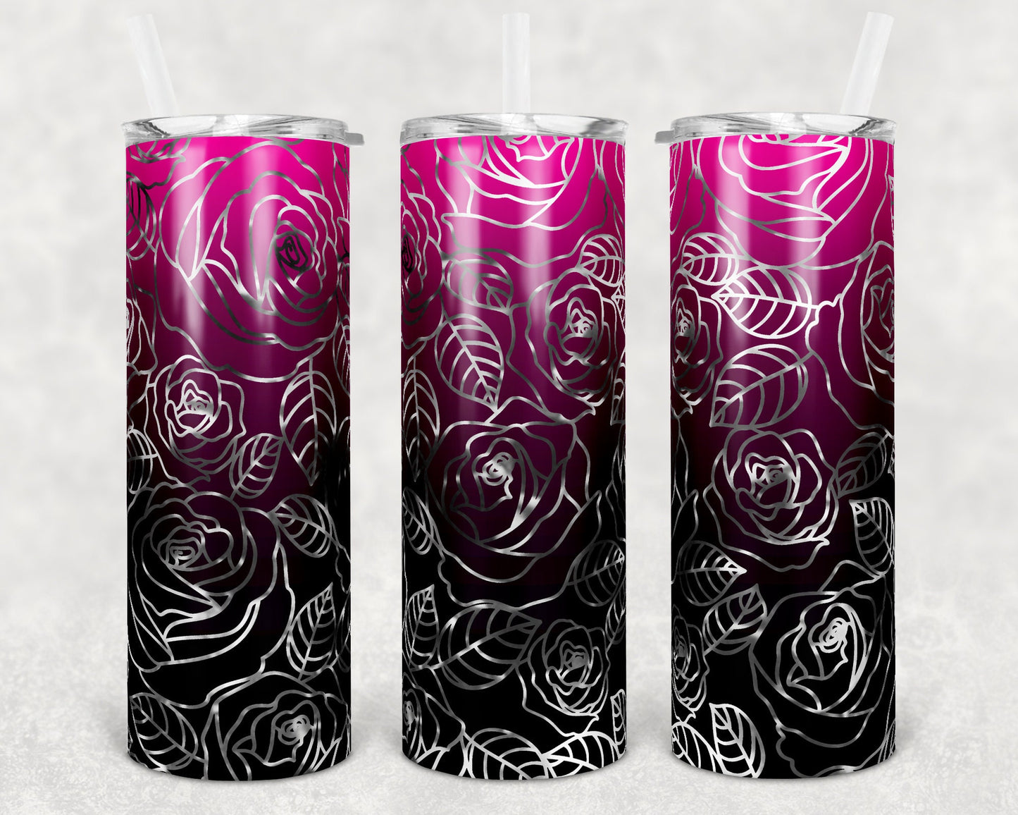 20 oz Skinny Tumbler Sublimation Ombre Pink to Black Rose Straight and Warped Design