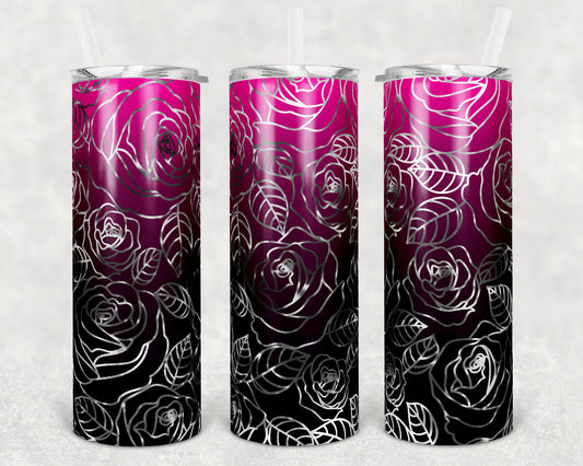 20 oz Skinny Tumbler Sublimation Ombre Pink to Black Rose Straight and Warped Design