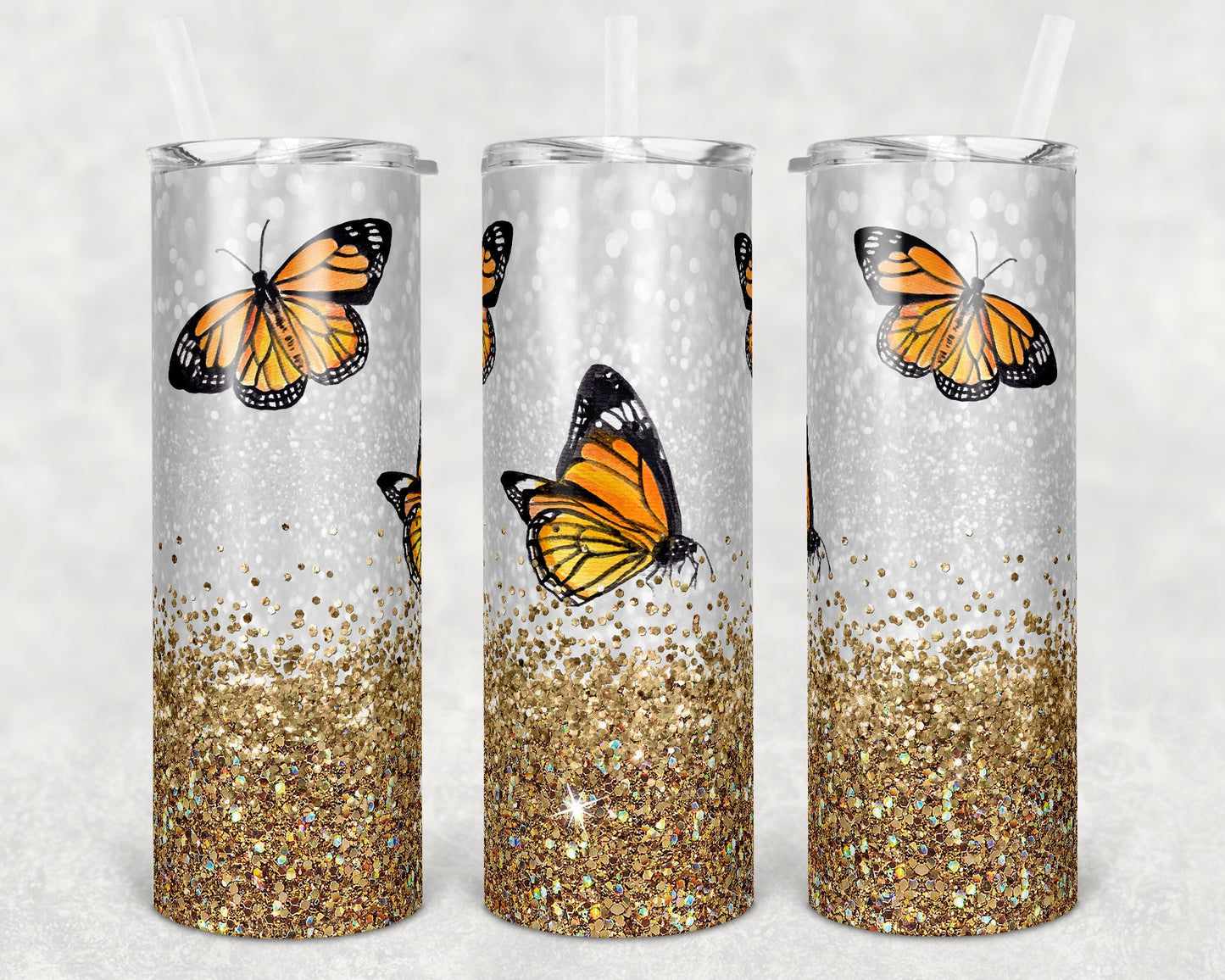 20 oz Skinny Tumbler Glitter Background Butterflies Sublimation Design Print Transfer