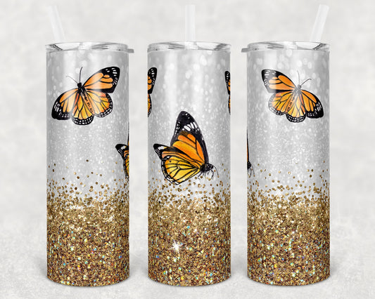 20 oz Skinny Tumbler Glitter Background Butterflies Sublimation Design Print Transfer