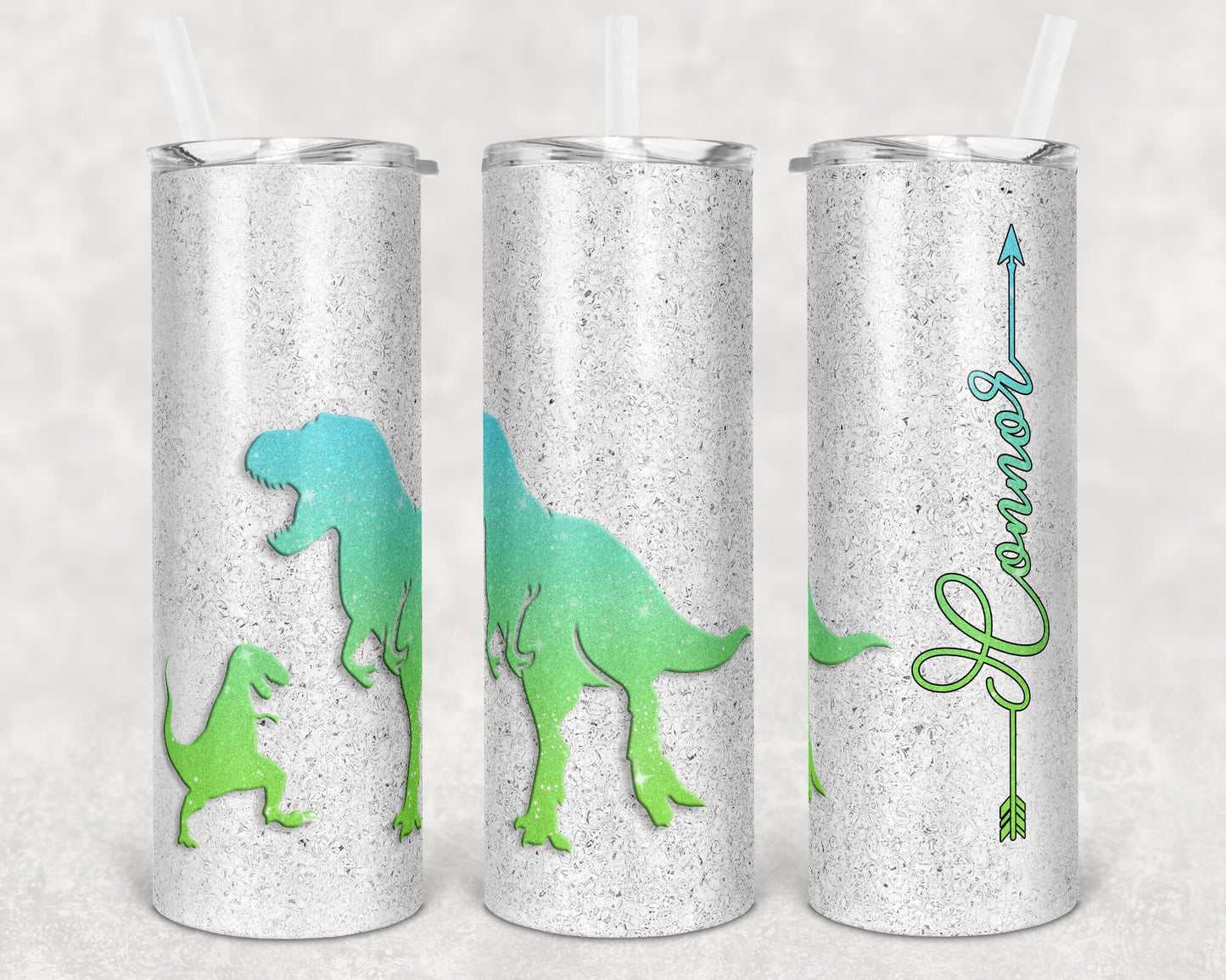 20 oz Skinny Dinosaur Blue Green T Rex Glitter Arrow Name Sublimation Design Print Transfer
