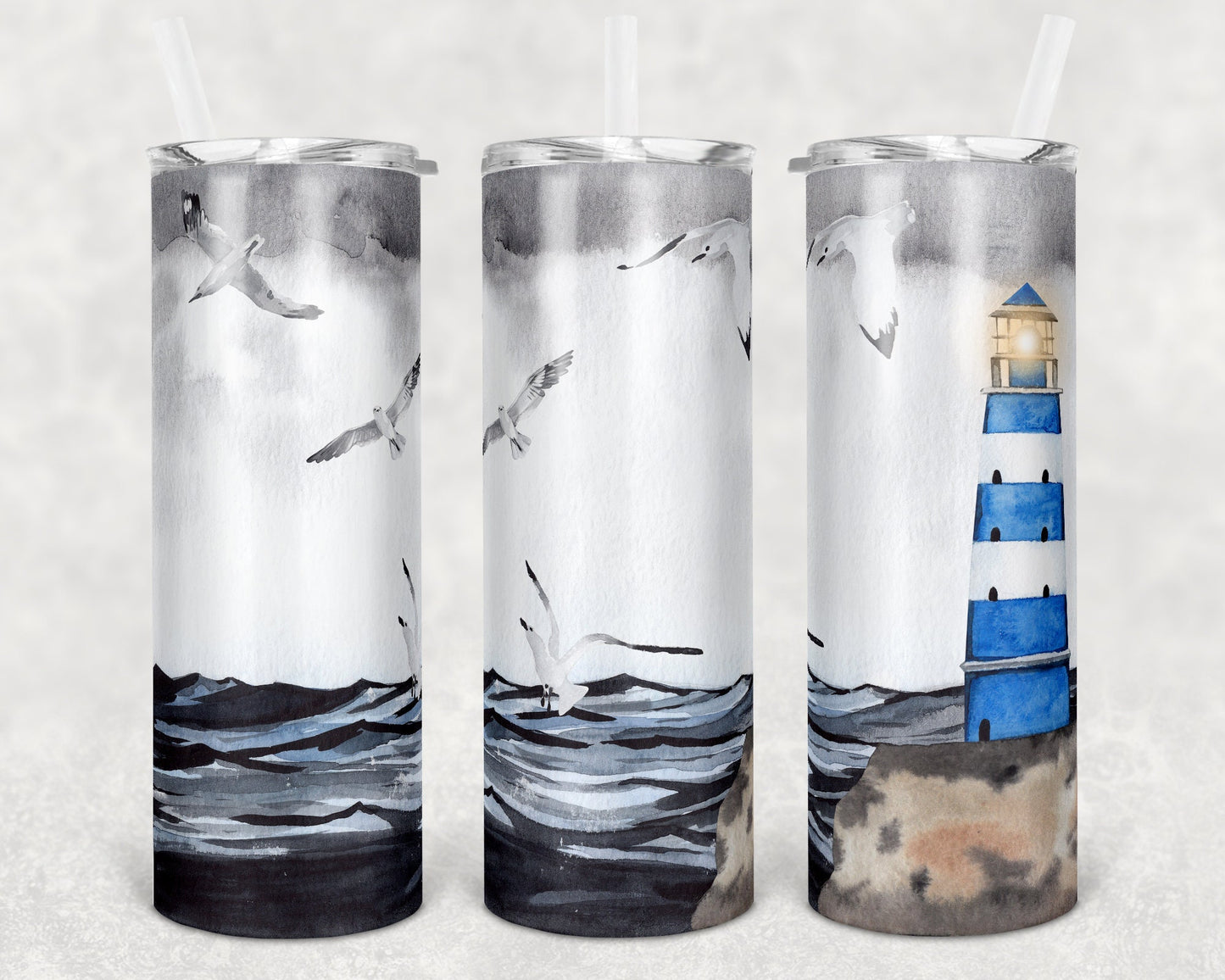 20 oz Skinny Tumbler Ocean Beach Waves Lighthouse Stormy Background Sublimation Design