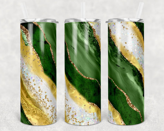 20 oz Skinny Tumbler Sublimation Template Agate Milky Way Green Gold Yellow Straight and Warped Design