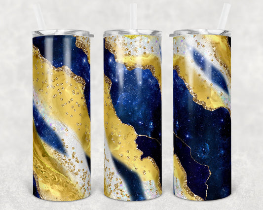 20 oz Skinny Tumbler Sublimation Template Agate Milky Way Blue Gold Yellow Straight and Warped Design
