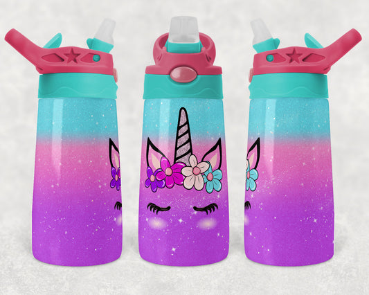 Kids water bottles Sublimation Design Template Glitter ombre Unicorn teal pink purple Tumbler