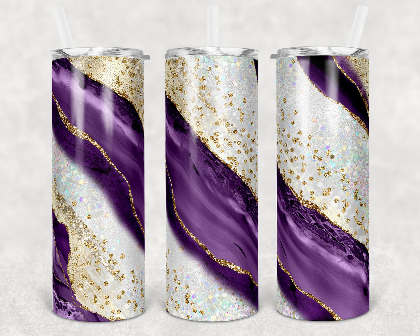20 oz Skinny Tumbler Sublimation Template Agate Milky Way Purple and Gold Straight and Warped Design
