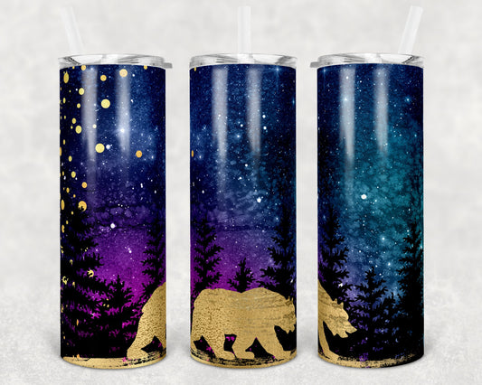 20 oz Skinny Tumbler Sublimation Design Template Bear Galaxy Night Sky Silhouette