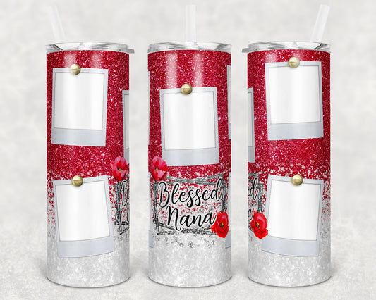 20 oz Skinny Tumbler Blessed Nana Red White Glitter Photo Picture Sublimation Design