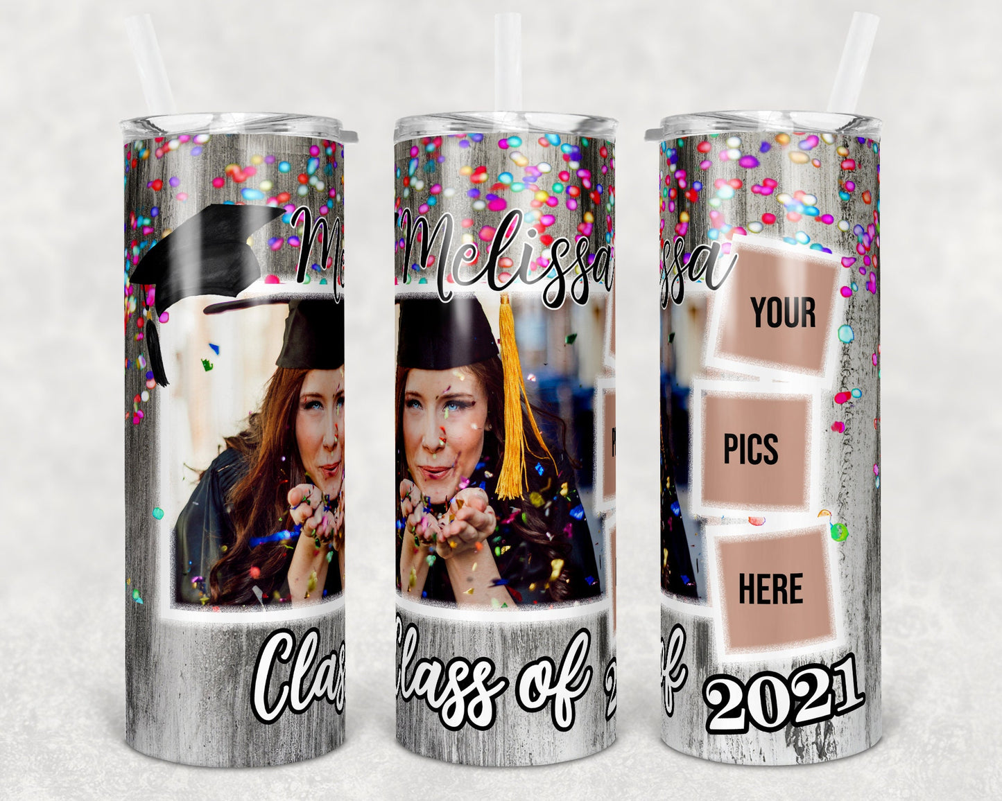 20 oz Skinny Tumbler Graduation Senior 2021 Confetti Photo Sublimation Design Print Transfer