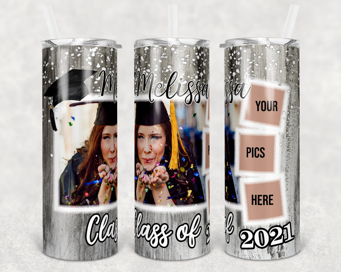 20 oz Skinny Tumbler Graduation Senior 2021 Confetti Photo Sublimation Design Print Transfer