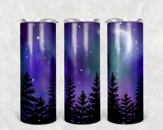 20 oz Skinny Tumbler Sublimation Design Northern Lights Night Sky Silhouette