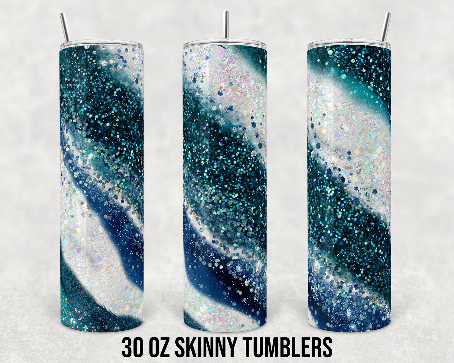 30 oz Skinny Tumbler Sublimation Design Template Milky way Teal and White Straight and Warped