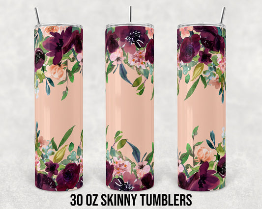 30 oz Skinny Tumbler Sublimation Design Template Peach and Maroon Floral Straight and Warped