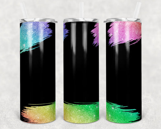 20 oz Skinny Black Glitter rainbow Paint Stroke Blank to Personalize Sublimation Design