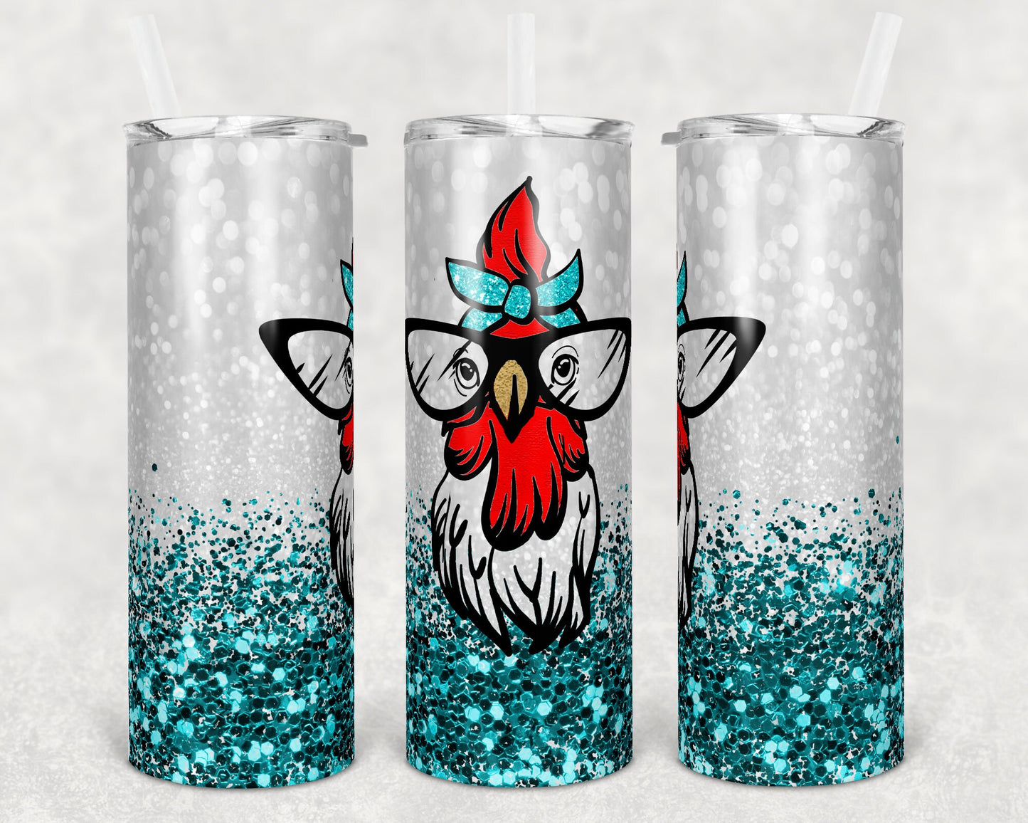 20 oz Skinny Tumbler Snarky Chicken Cute Teal Glitter Sublimation Design Print Transfer