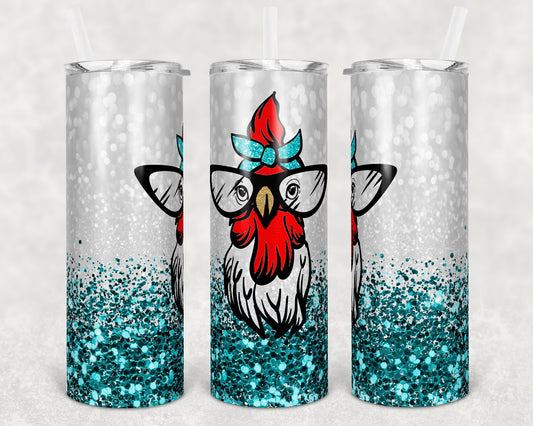 20 oz Skinny Tumbler Snarky Chicken Cute Teal Glitter Sublimation Design Print Transfer