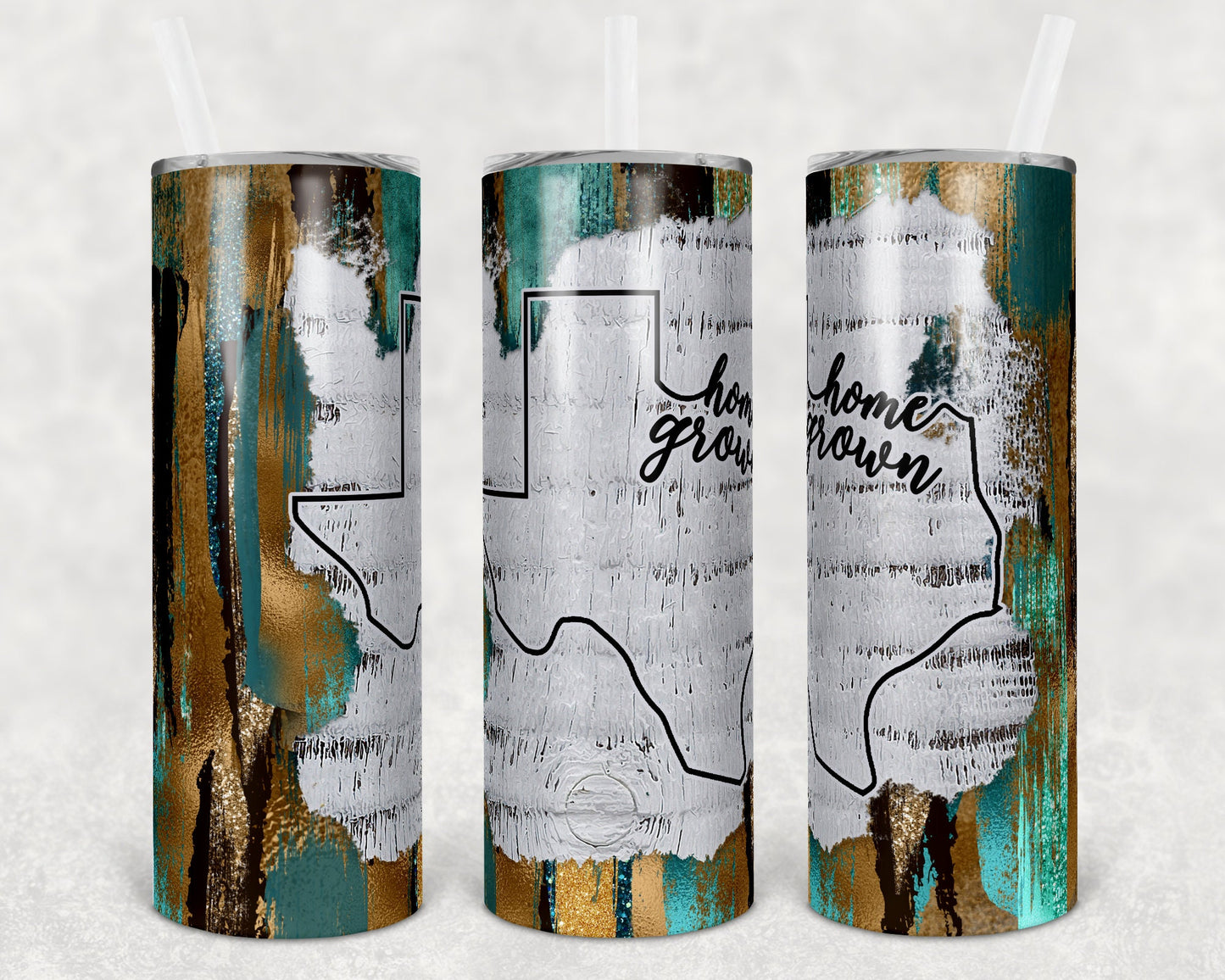 20 oz Skinny Tumbler Sublimation Teal and Gold Brush Strokes Design Texas