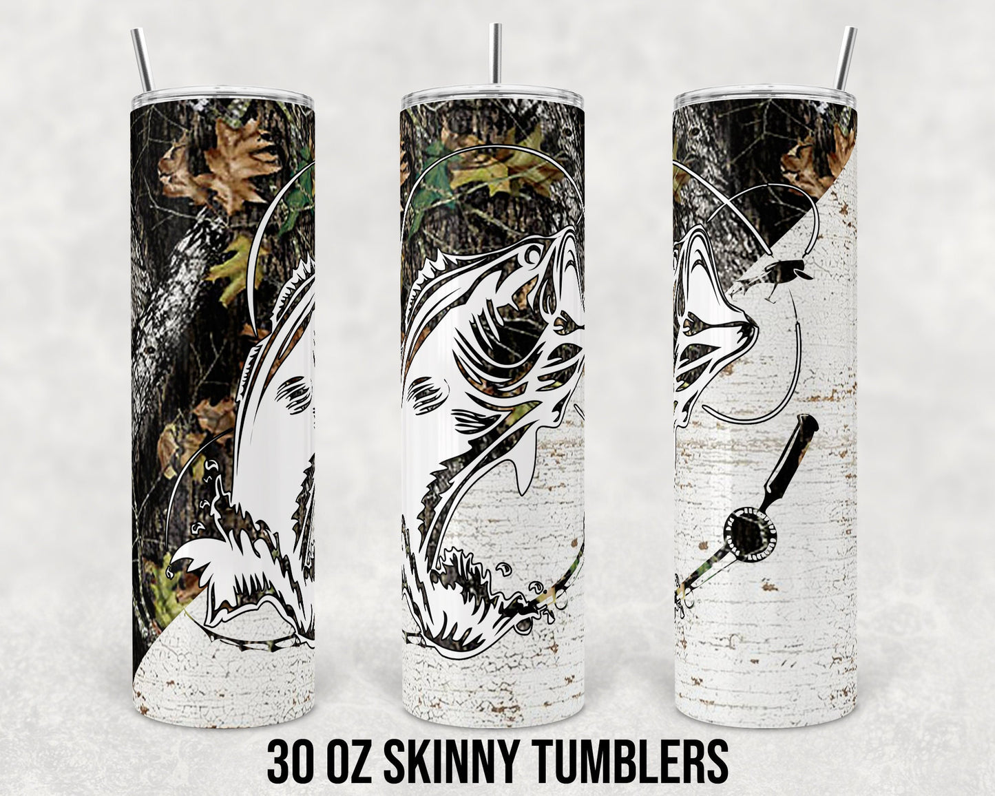 30 oz Skinny Tumbler Sublimation Design Template Bass Fishing Camp and Wood Straight and Warped