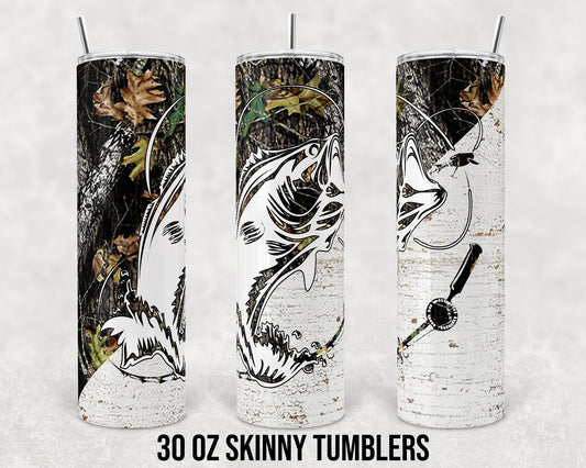 30 oz Skinny Tumbler Sublimation Design Template Bass Fishing Camp and Wood Straight and Warped