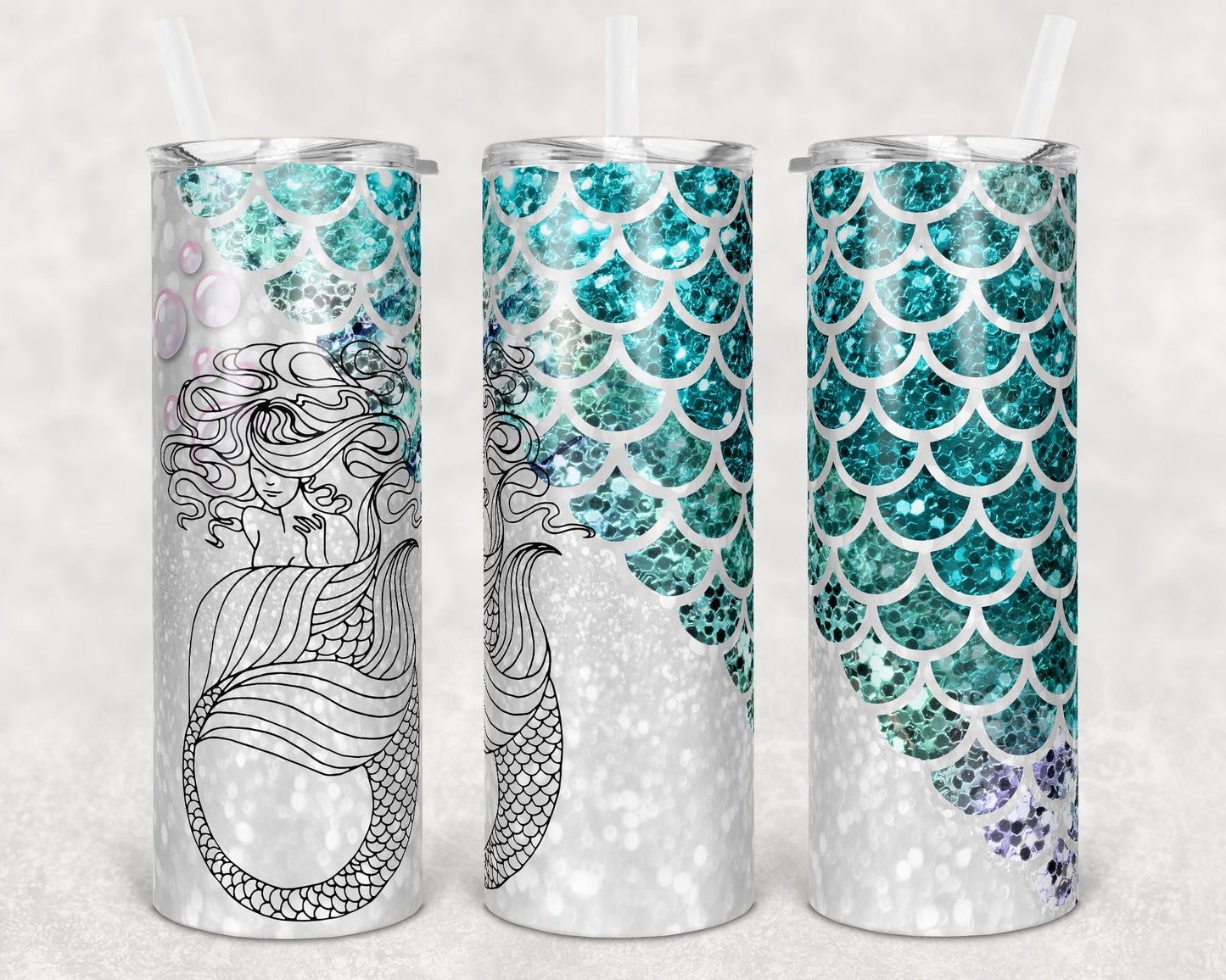 20 oz Skinny Tumbler Sublimation Design Template Glitter Mermaid Scales Tail