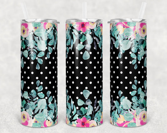 20 oz Skinny Tumbler Polka Dot Floral Aqua Pink Sublimation Design Print Transfer