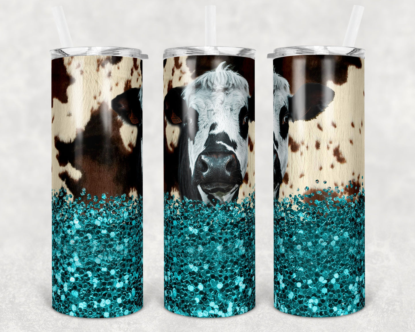 20 oz Skinny Tumbler Design Cow Hide Cow Teal Glitter Sublimation Design Print Transfer