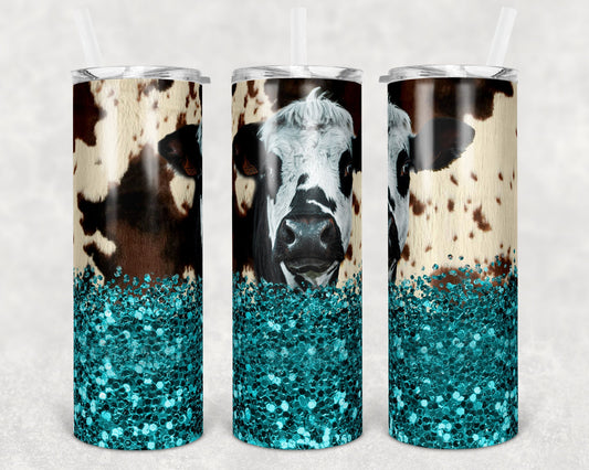 20 oz Skinny Tumbler Design Cow Hide Cow Teal Glitter Sublimation Design Print Transfer