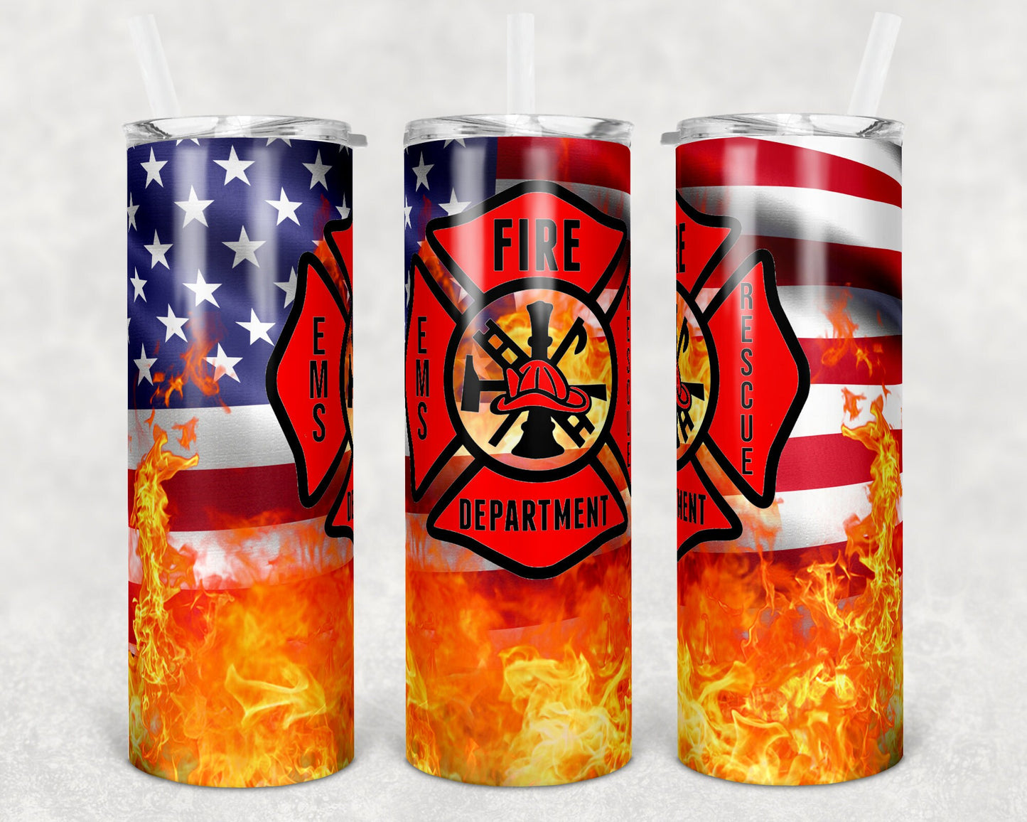 20 oz Skinny Tumbler Sublimation Design Template Firefighter Fire EMS Rescue Flag