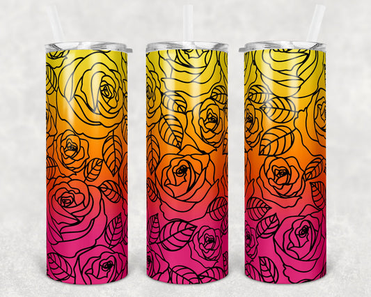 20 oz Skinny Tumbler Sublimation Ombre Pink Yellow Orange Rose Straight and Warped Design