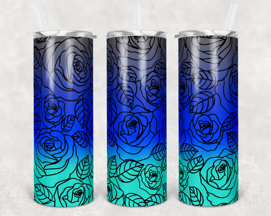 20 oz Skinny Tumbler Sublimation Ombre Teal Blue Grey Rose Straight and Warped Design