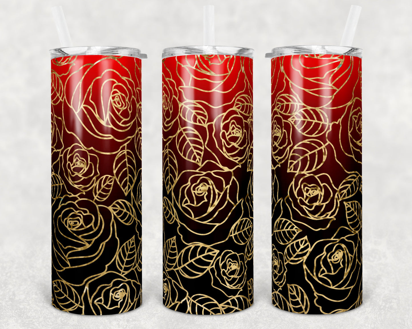 20 oz Skinny Tumbler Sublimation Ombre Red to Black Rose Straight and Warped Design