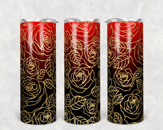 20 oz Skinny Tumbler Sublimation Ombre Red to Black Rose Straight and Warped Design
