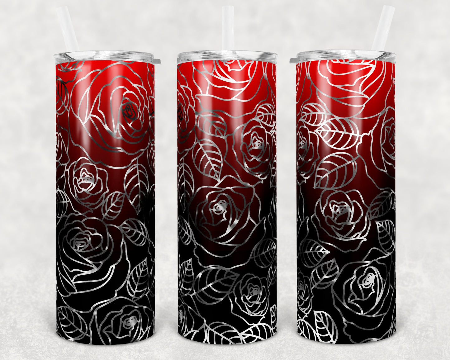 20 oz Skinny Tumbler Sublimation Ombre Red to Black Rose Straight and Warped Design
