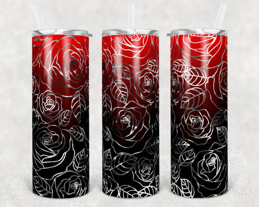 20 oz Skinny Tumbler Sublimation Ombre Red to Black Rose Straight and Warped Design