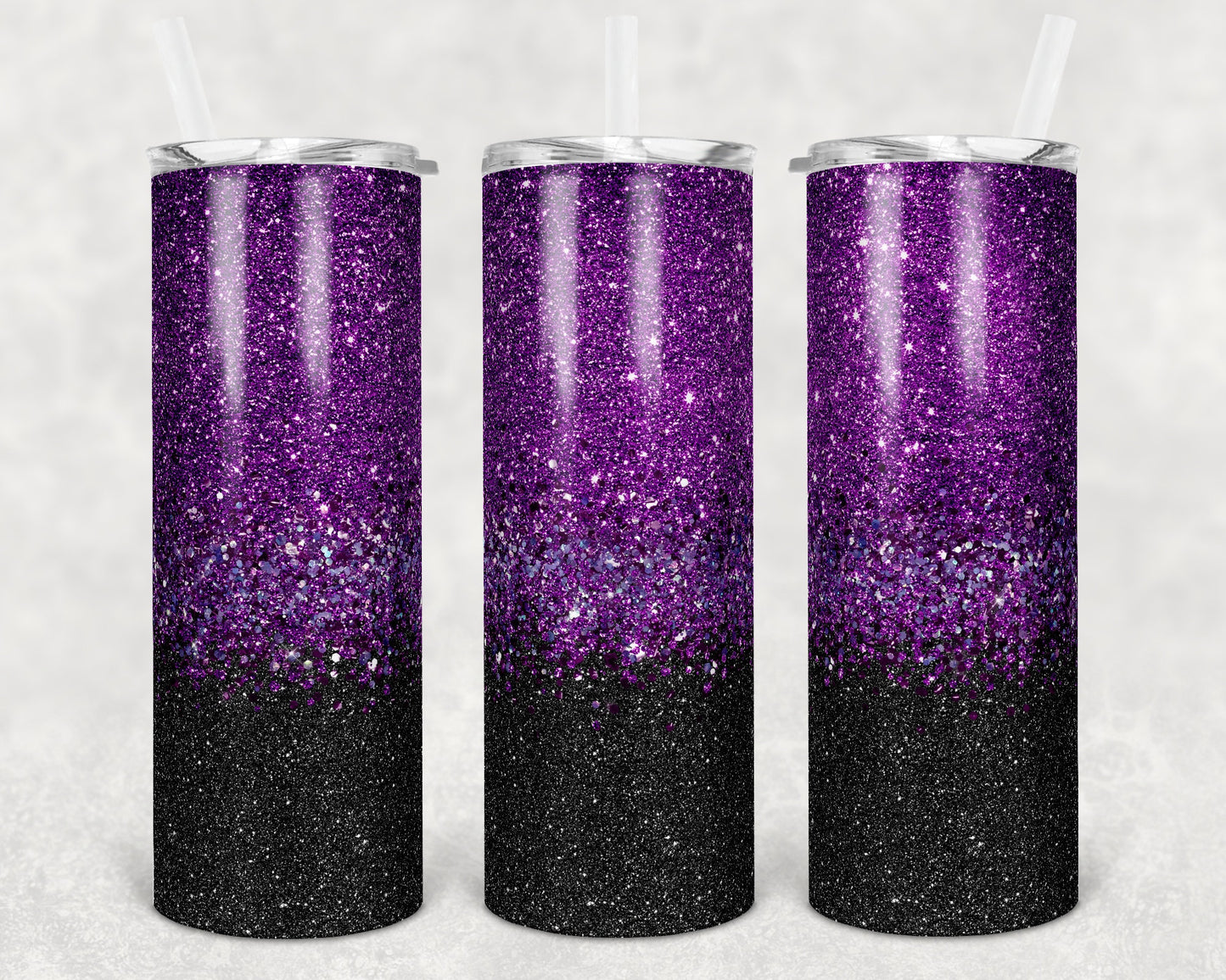 20 oz Skinny Tumbler Sublimation Design Template Glitter Confetti Purple Black Straight Warped Design