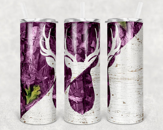 20 oz Skinny Tumbler Camp Deer Purple Camo and Wood Sublimation Design Print Transfer