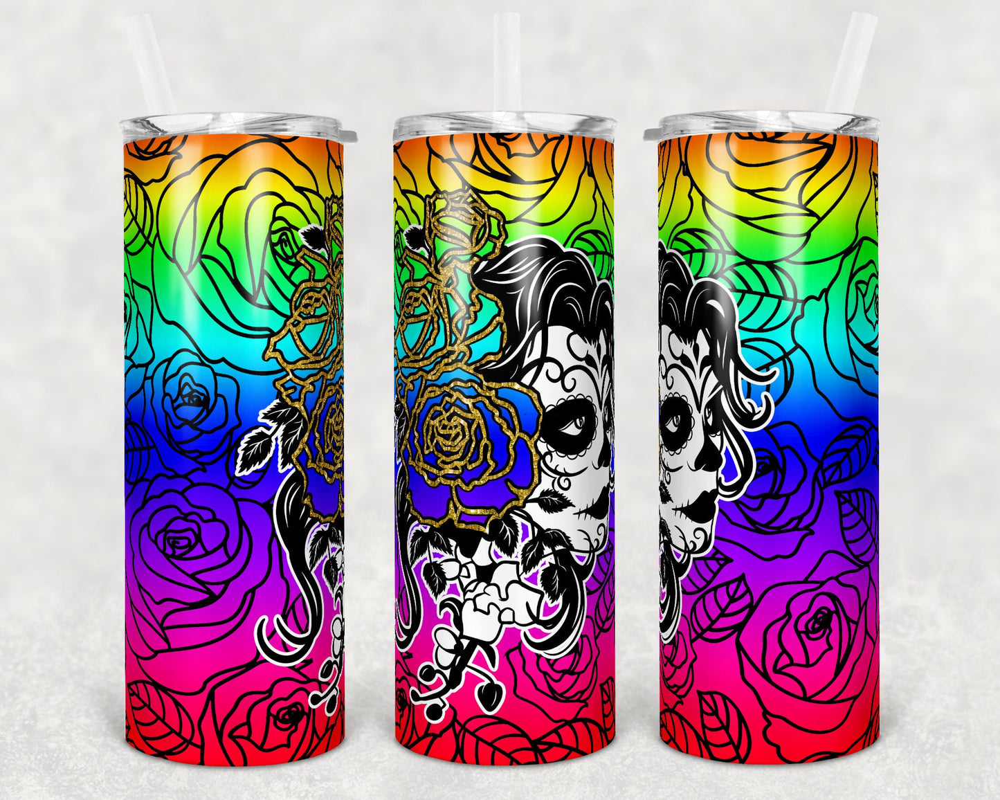 20 oz Skinny Tumbler Rainbow Sugar Skull Sublimation Design Print Transfer