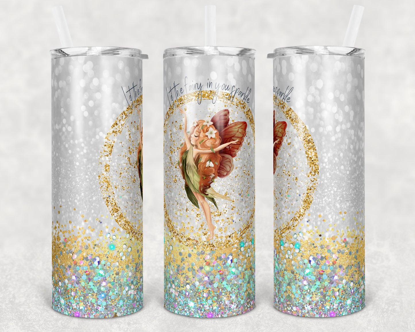 20 oz Skinny Tumbler Glitter Gold Fairy Sparkle Seamless Sublimation Design