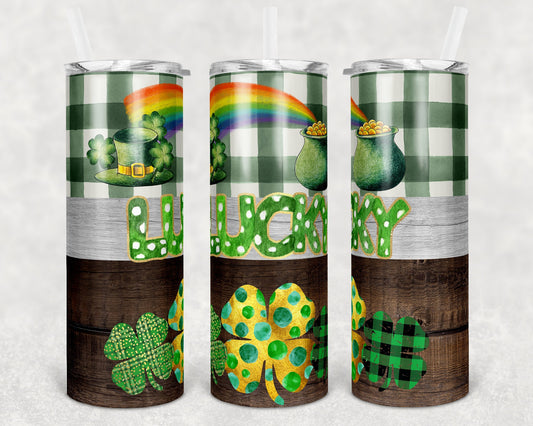 20 oz Skinny Tumbler Sublimation SEAMLESS Green Buffalo Plaid Luck St Patricks Day Design Template Straight and Warped