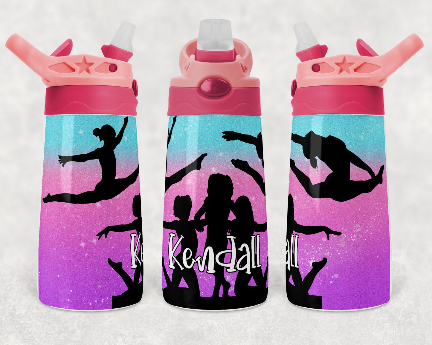Kids water bottles Sublimation Design Template Glitter Gymnastics teal pink purple Tumbler