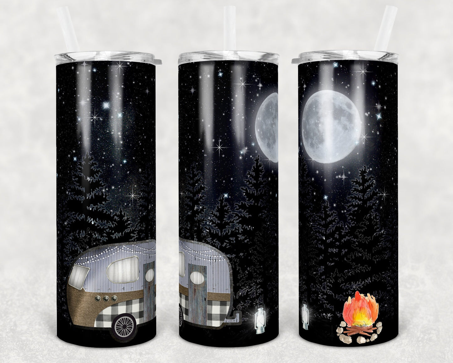 20 and 30 oz Skinny Tumbler Camper Vintage Trailer Night Sky Camping Sublimation