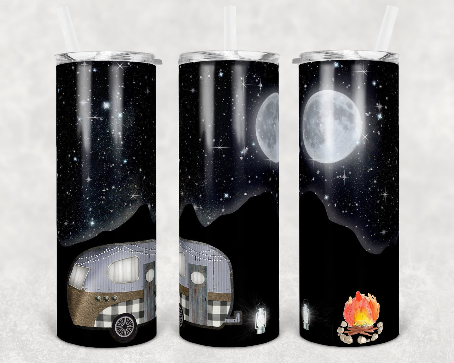 20 and 30 oz Skinny Tumbler Camper Vintage Trailer Night Sky Dunes Camping Sublimation