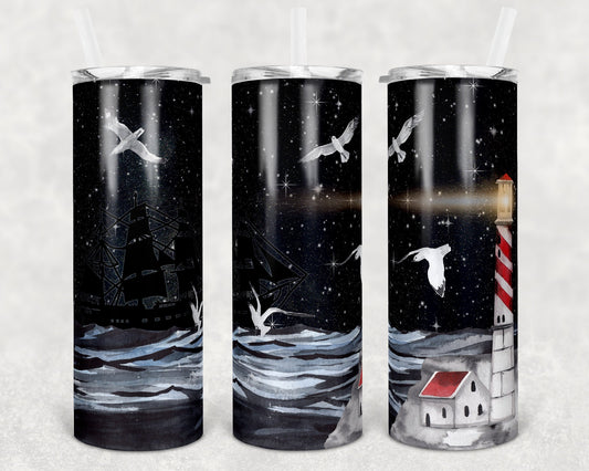 20 oz Skinny Tumbler Ocean Beach Waves Lighthouse Night Background Sublimation Design
