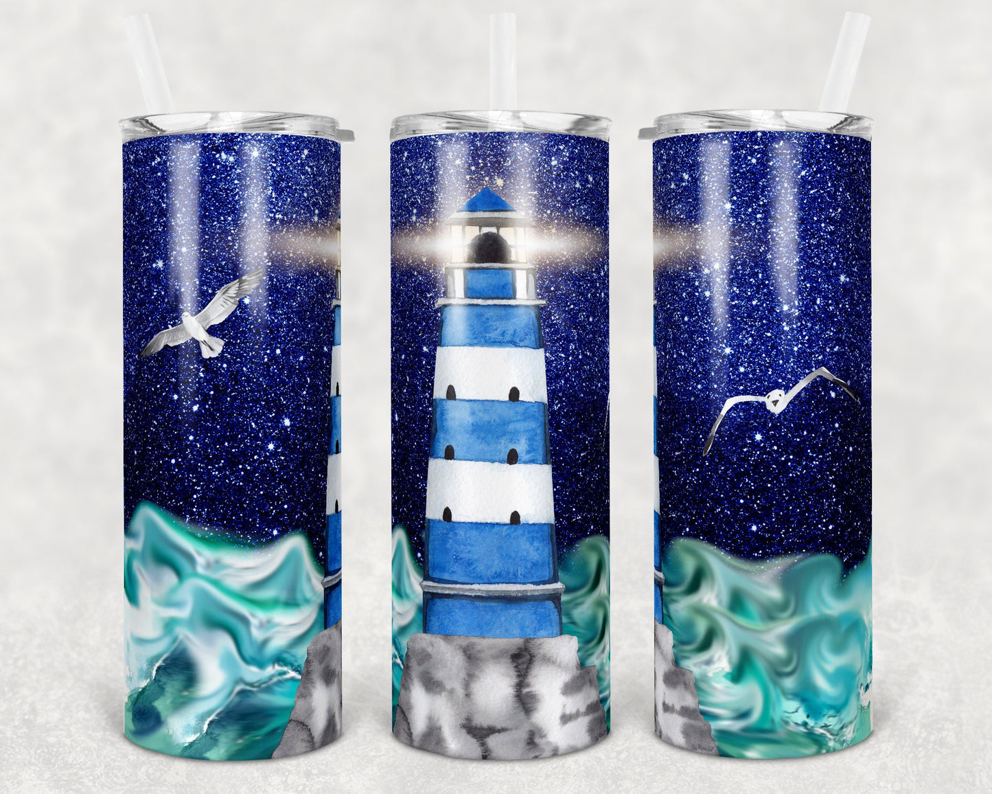 20 oz Skinny Tumbler Ocean Beach Waves Lighthouse Glitter Background Sublimation Design