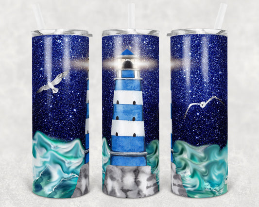 20 oz Skinny Tumbler Ocean Beach Waves Lighthouse Glitter Background Sublimation Design