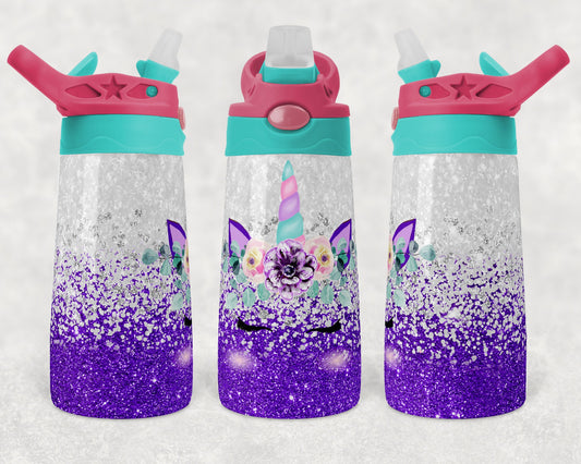 Kids colored flip top water bottles Sublimation Design Template Glitter Unicorn Purple Tumbler